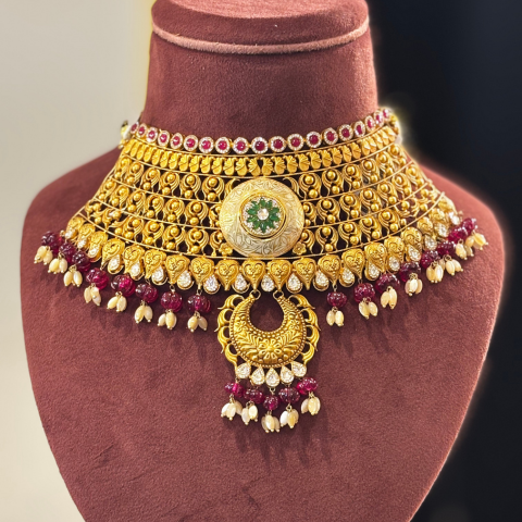 Regal Heritage Temple Choker Necklace with Ruby and Pearl Drops