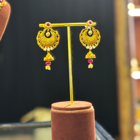 Antique Gold Temple Peacock Jhumka Earrings with Ruby Accents