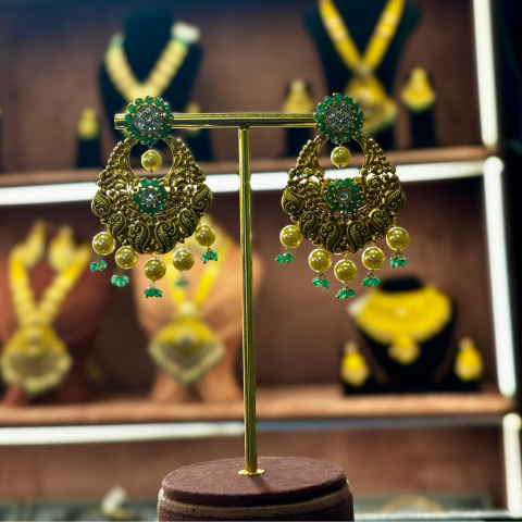 Royal Heritage Green & Gold Kundan Chandbali Earrings