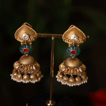 Gold Jhumka Earrings, Temple Jewellery, Bridal Earrings,
