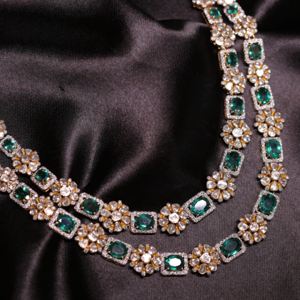 Emerald Blossom Polki Pearl Necklace & Earrings Set