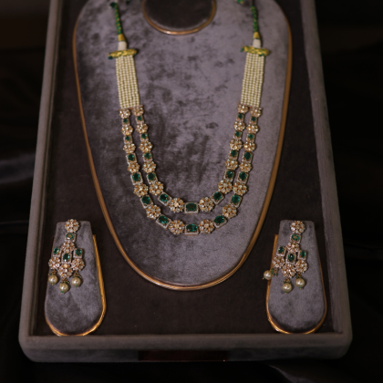 Emerald Blossom Polki Pearl Necklace & Earrings Set