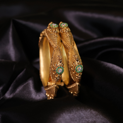 Antique Gold Floral Bangles with Green Stones | Santosh Ji Jewellers Moradabad