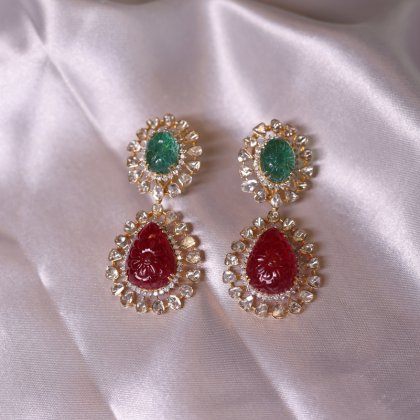Navratna Carved Ruby & Emerald Polki Earrings | Santosh Ji Jewellers Moradabad