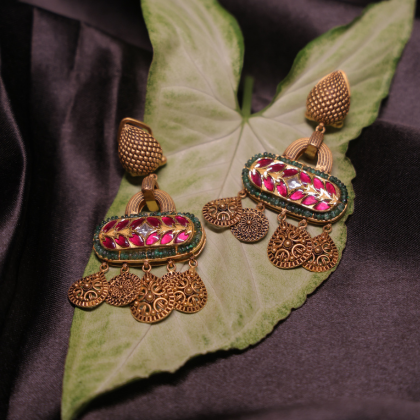 Antique Ruby Meenakari Necklace Set with Coin Motifs