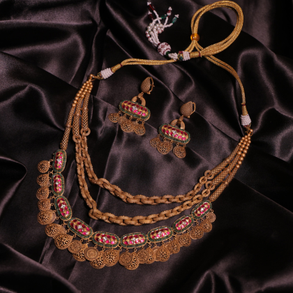 Antique Ruby Meenakari Necklace Set with Coin Motifs