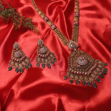 Antique Rajasthani Bridal Necklace Set with Green Stone Detailing