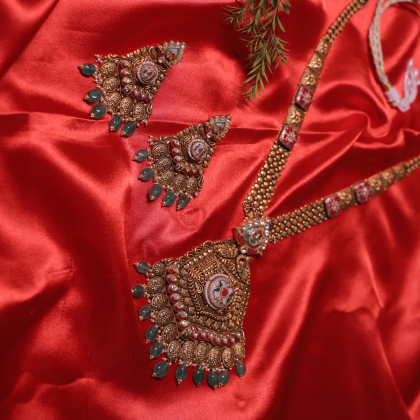 Antique Rajasthani Bridal Necklace Set with Green Stone Detailing